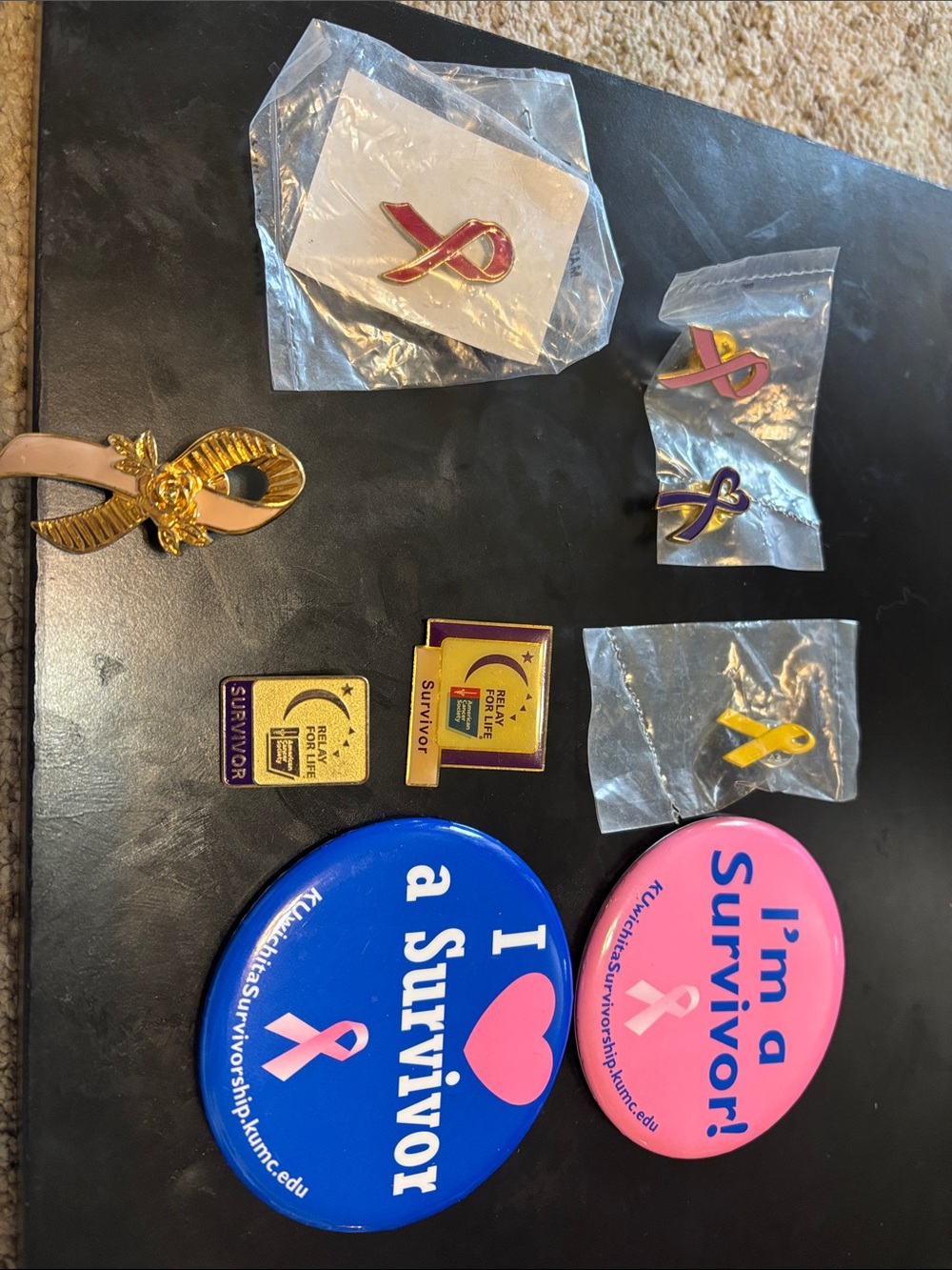 9ct Survivor Awareness Ribbon Pins and Buttons - Pink, Blue, Yellow